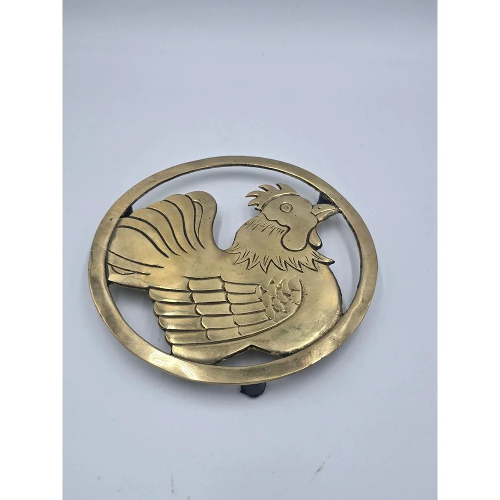Vintage Brass Rooster Trivet Circular Farmhouse Kitchen Hot Plate Made in Taiwan